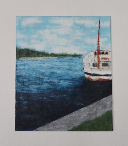 Akryl maleri Nede ved vandet af Michelle Goodspeed Porskjær malet i 2022