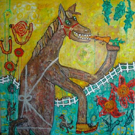 Blandede medier maleri Hestesko. af Helle Jensen malet i 