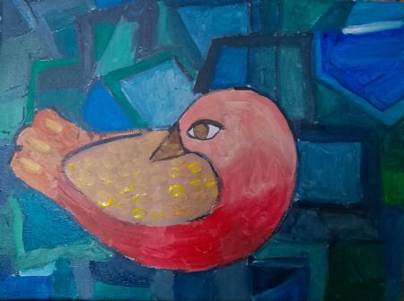 Akryl maleri Rød fugl af Sanne Bülow malet i 2026