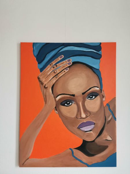 Akryl maleri Kvinde med blåt af Jeannette Pia Pallesgaard Pedersen malet i 2023