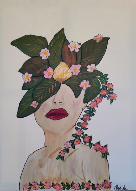 Akryl maleri Face and Flowers af Linda Rubinke malet i 2026
