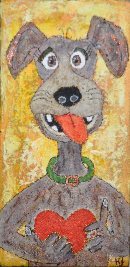 Blandede medier maleri Træklods 424. Kan hænge og stå. www.Galleri-HJ.dk af Helle Jensen malet i 