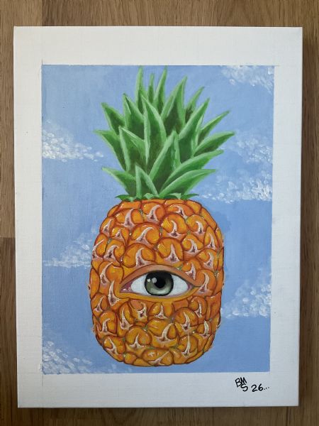 Akryl maleri Flyvende Ananas af Benjamin Mastrup malet i 2026