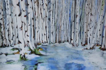 Akryl maleri Birk i sne af Mariann Jørgensen malet i 2025