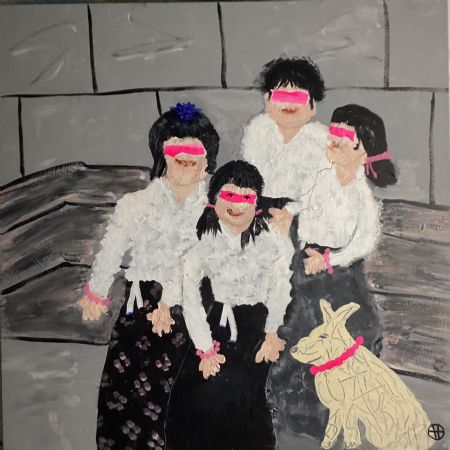 Akryl maleri Sammen smiler vi til verden af Helle Olesen malet i 2026