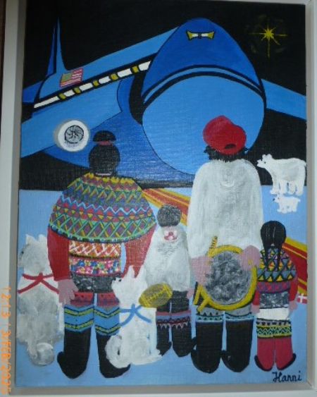 Akryl maleri Fornem besøg med tilbud af Hannelore Rossenell malet i 2024