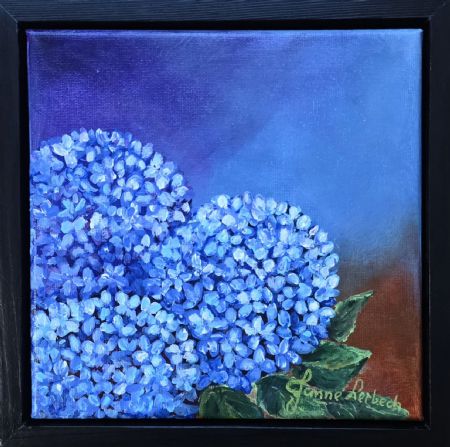 Akryl maleri Blå hortensia af Janne Lerbech malet i 