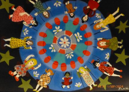 Akryl maleri Piger og karusell af Hanni Rossenell malet i 24