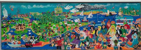 Akryl maleri Mange mennesker Folk og fæ af Hanni Rossenell malet i 2023