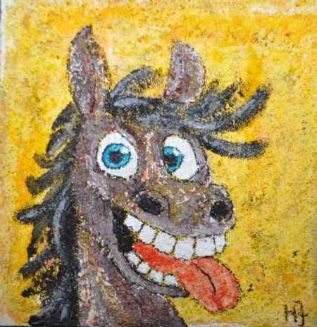 Blandede medier maleri Træklods 428. Kan hænge og stå. www.Galleri-HJ.dk af Helle Jensen malet i 