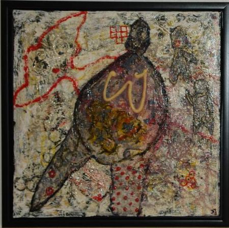 Blandede medier maleri Hej med dig. www.Galleri-HJ.dk af Helle Jensen malet i 