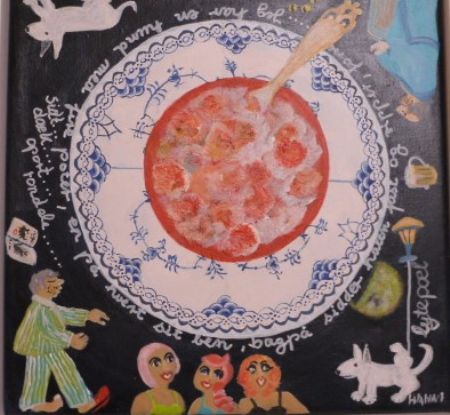 Akryl maleri Jordbærgrød med fløde af Hanni Rossenell malet i 