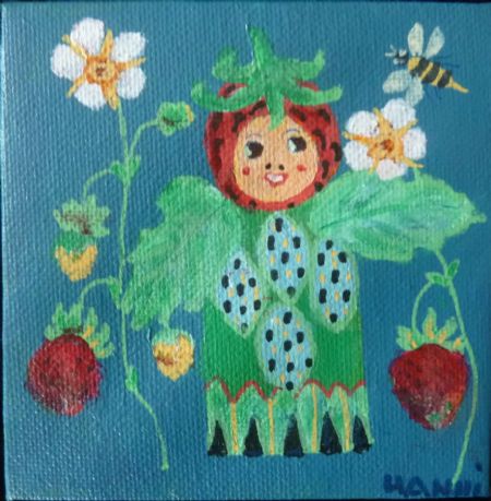 Akryl maleri Jordbærpige af Hanni Rossenell malet i 2022