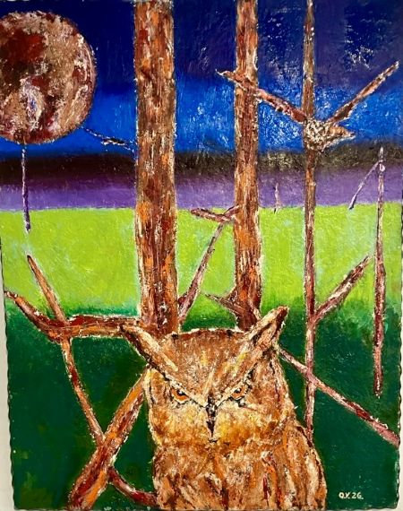 Olie maleri Kloden under pres! Uglen flytter. No.1 (7) af Ole Vinther malet i 2026