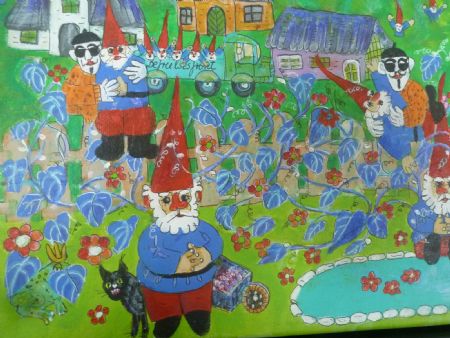 Akryl maleri Befrielsens armé af havenisser af Hanni Rossenell malet i 2015