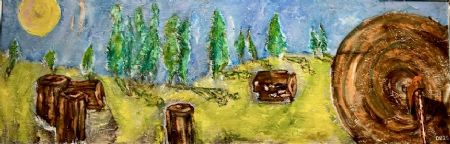 Olie maleri Kloden under pres! Skovhugst No.4 (7) af Ole Vinther malet i 2025