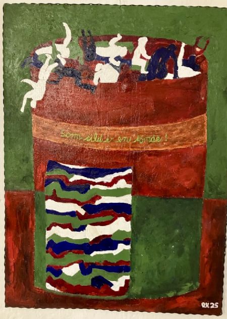 Olie maleri Kloden under Pres! Pladsmangel. No. 5 (7) af Ole Vinther malet i 2025