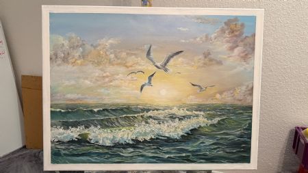 Olie maleri solnedgang over havet af Habib Ullah malet i 2025