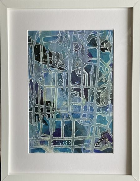 Akryl maleri “Blå Forbindelser” af Anette Bangsgaard malet i 2026