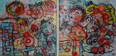 Blandede medier maleri Som fod i hose. Sætpris. www.Galleri-HJ.dk af Helle Jensen malet i 