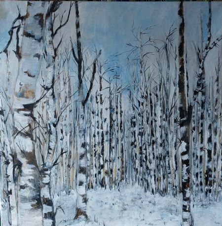 Akryl maleri Birketræer i sne af Mariann Jørgensen malet i 2025