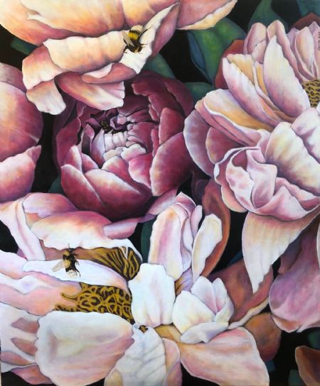 Akryl maleri Pæoner af Eva Vith Christensen malet i 2023