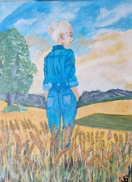 Akryl maleri Pigen i kornmarken af Sadedin Asanovski malet i 2026