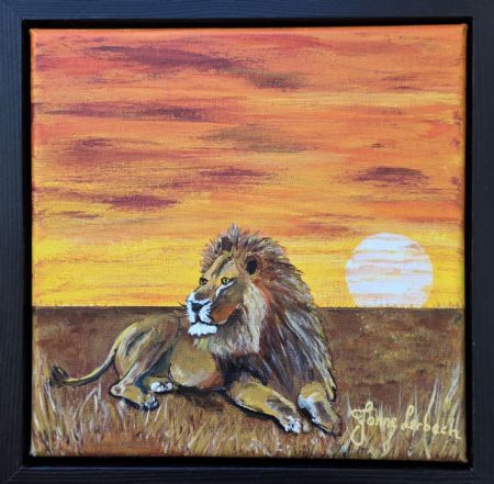 Akryl maleri Løve I solnedgang af Janne Lerbech malet i 