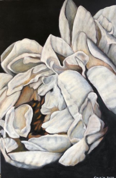 Akryl maleri Hvid pæon af Eva Vith Christensen malet i 2024