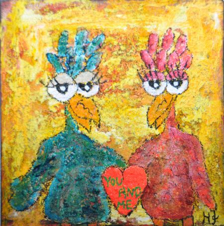 Blandede medier maleri Træklods 434. Kan både hænge og stå. You and me. af Helle Jensen malet i 