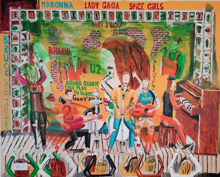 Akryl maleri Band foran gul mur af Jesper Orbesen malet i 2023