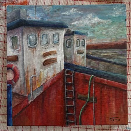 Akryl maleri Skibe fra Hjarnø af Thea Bæhrenz malet i 2026