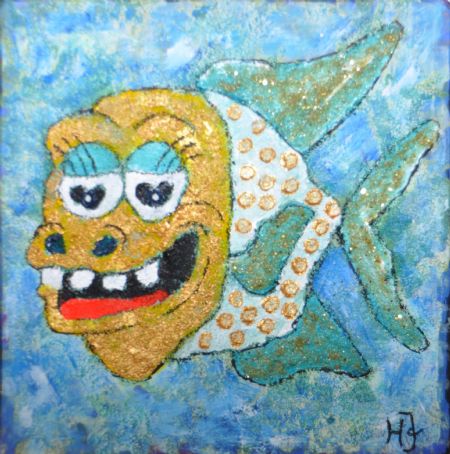 Blandede medier maleri Træklods 435. Guldfisk. Kan både hænge og stå. Original, findes kun 1 stk. af Helle Jensen malet i 2026