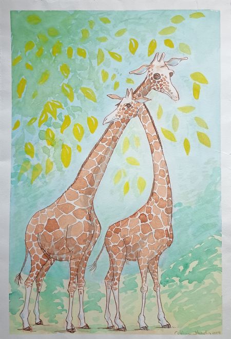 Akvarel maleri To Giraffer af Catrine Angelin malet i 2004