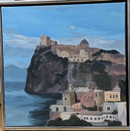 Akryl maleri Castello Aragonese, Ischia, Italien af helene Schoubye malet i 2025