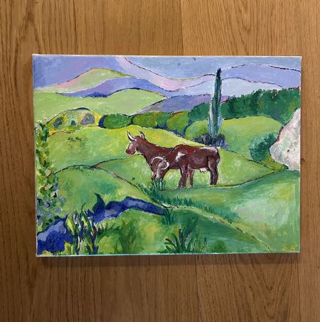 Akryl maleri Græssende køer på mark af Sarah Asklund Spliid malet i 2025