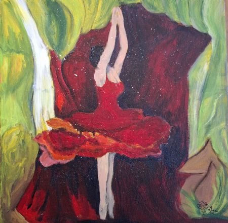 Akryl maleri rød ballerina af Inge Toft malet i 2026