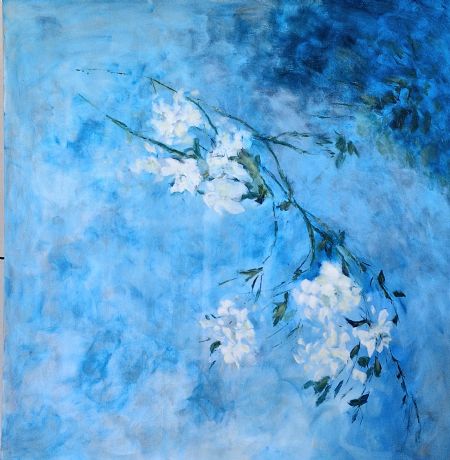 Akryl maleri 'White Flowers in Blue' no. 5 af Aase Lind malet i 