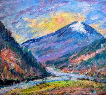 Olie maleri Bjerge og dale. af Heidi Sølvberg malet i 2000