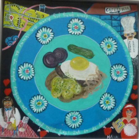 Akryl maleri Bøf med løg af Hanni Rossenell malet i 2019