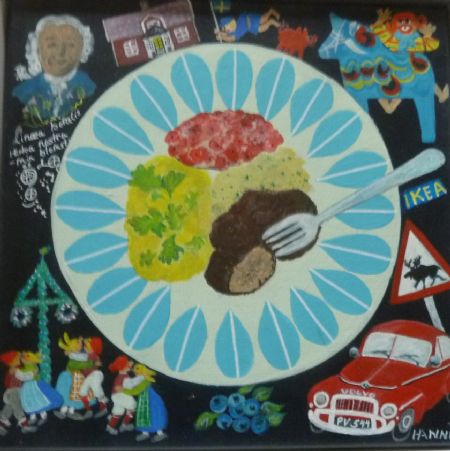 Akryl maleri Kødboller Ikea af Hanni Rossenell malet i 2019