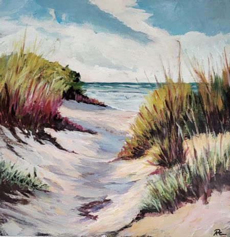 Akryl maleri I klitterne af Ruth Christiansen malet i 2026