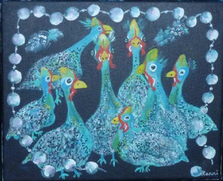 Akryl maleri Perlehøns i flok af Hanni Rossenell malet i 2020