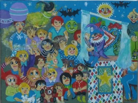 Akryl maleri Dukketeater i gamle dage af Hanni Rossenell malet i 