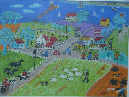 Akryl maleri Over by og land af Hanni Rossenell malet i 2015