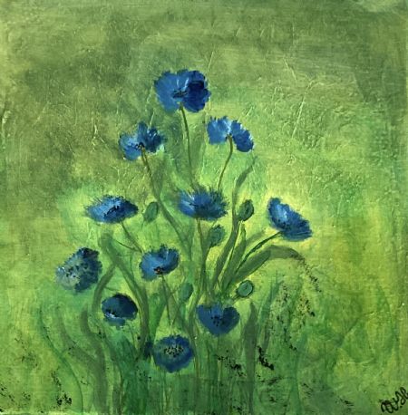 Akryl maleri Blå valmuer af Winnie Huniche malet i 2026