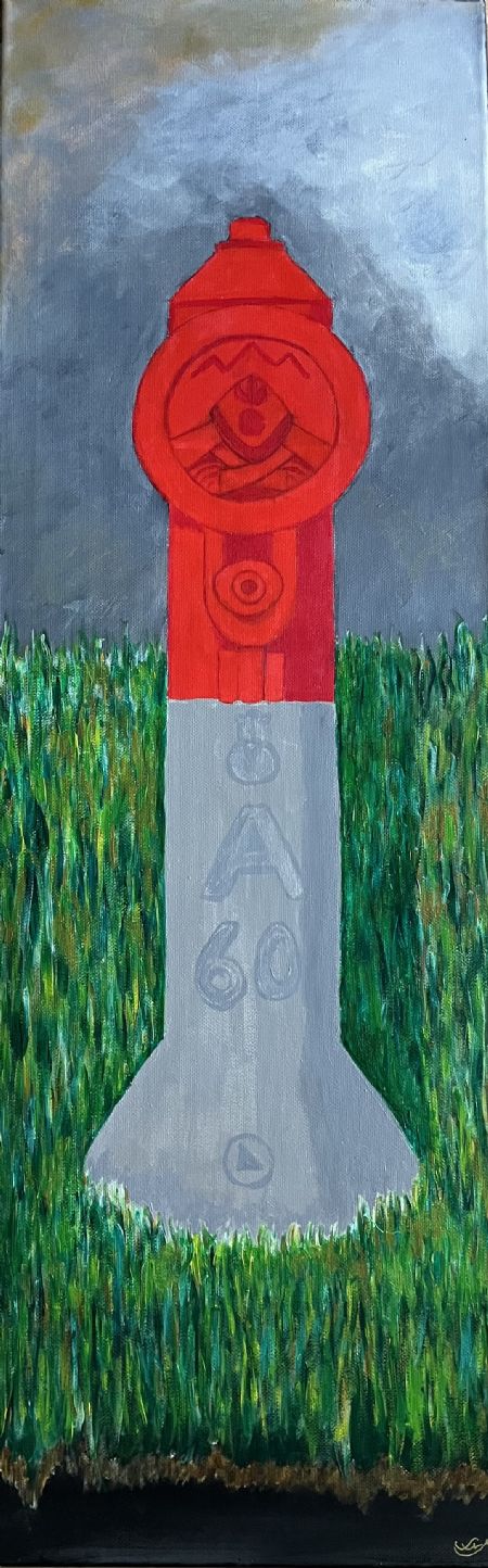 Akryl maleri Den Tavse Brandhane af Susse Nøhr Mastrup malet i 2026