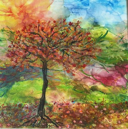 Akryl maleri Træ i festdragt af Lisbeth Storgaard malet i 2026