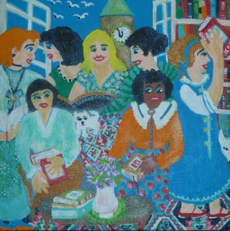 Akryl maleri Damer med bøger af Hanni Rossenell malet i 2021