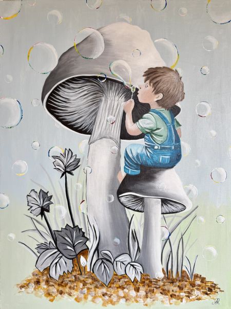 Akryl maleri Glad dreng af Alexia Røper malet i 2026